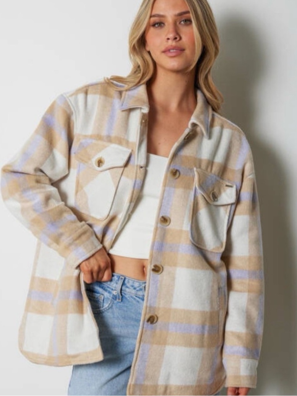 Sage Plaid Utility Jacket in Sage, Cream & Beige